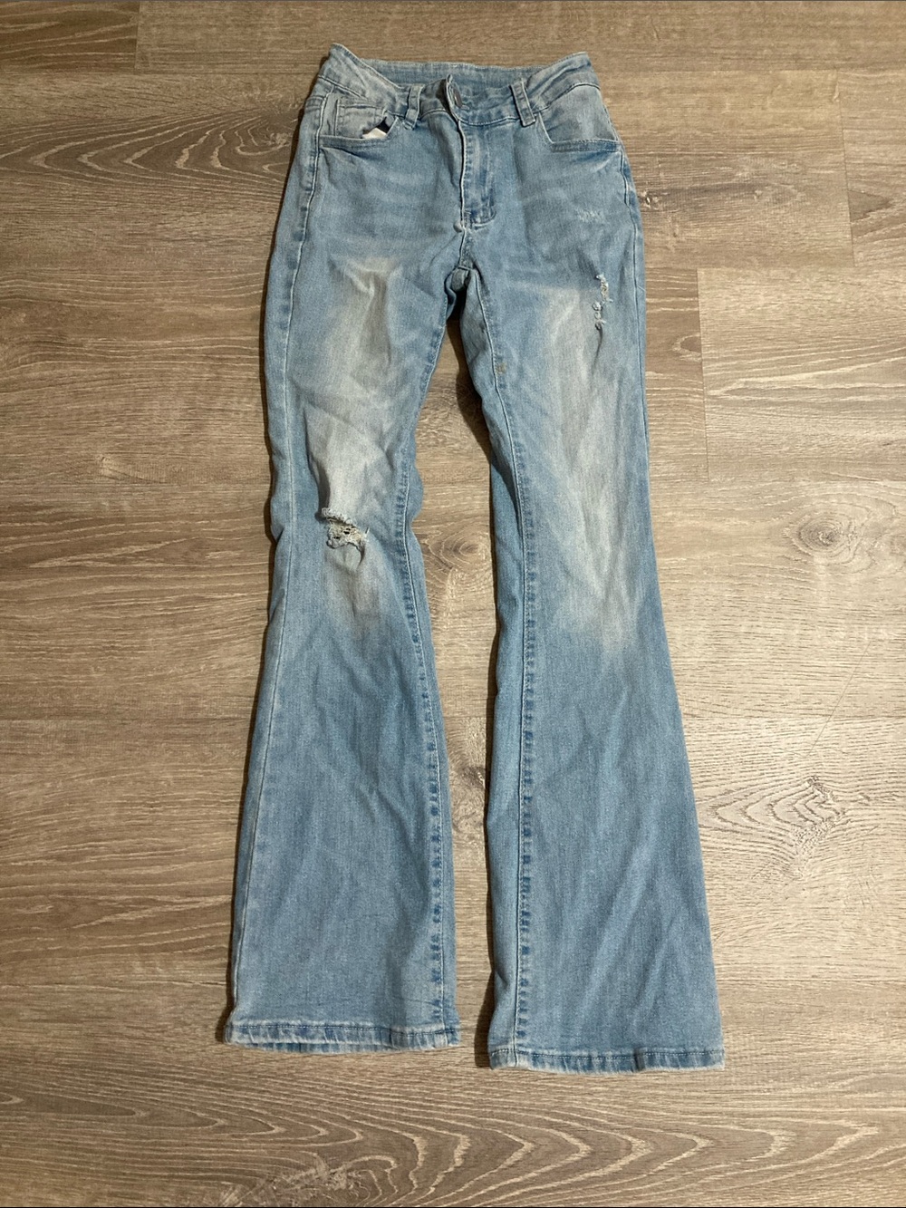 Women's Light Blue Distressed Flare Jeans